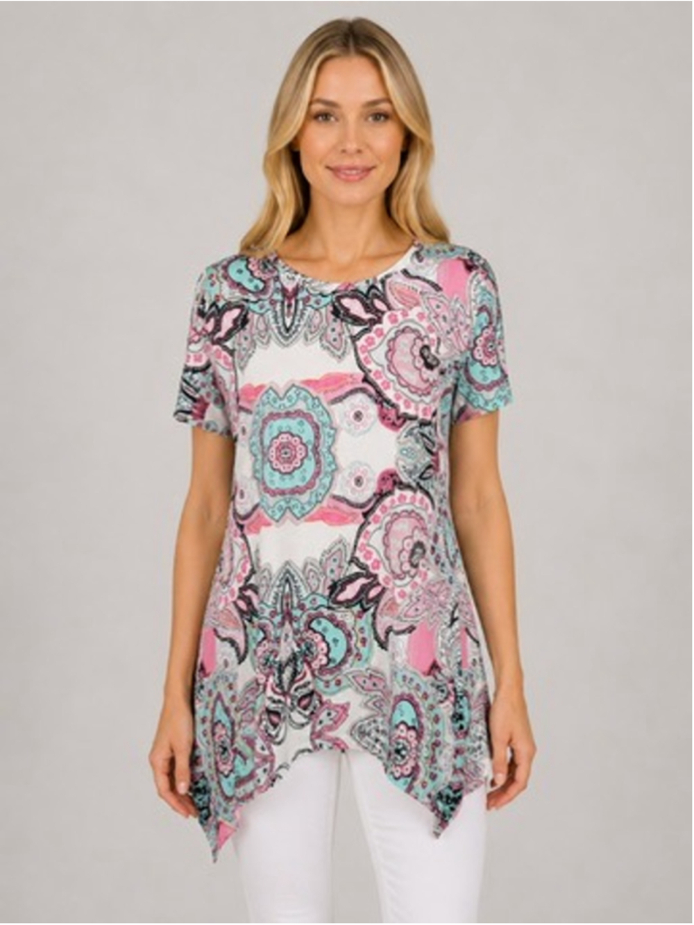 Mirol Multicolor Paisley Print Boho Lagenlook Asymmetrical Tunic Blouse Size L